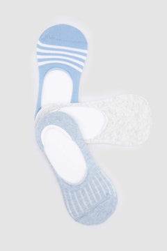 Set of three cotton invisible socks in blue, grey, and striped designs on white background