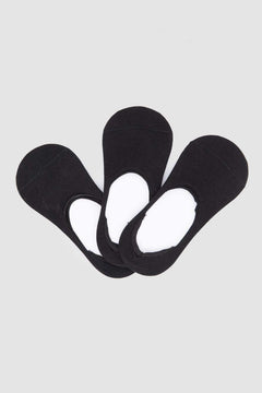 Three pairs of black cotton no-show socks for women on a light background