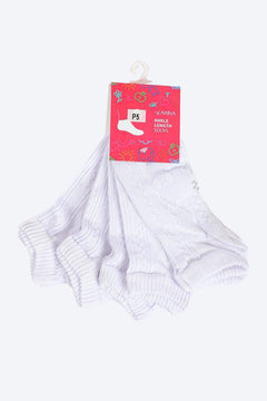Five pairs of white ankle length socks for women, displayed in retail packaging.