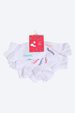 Set of 7 white ankle length socks for girls, each pair labeled with a day of the week.