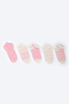 Set of five pastel pink and white cotton ankle socks for women, with stripes and star patterns