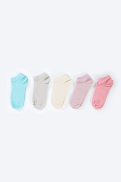 Set of five pastel cotton ankle socks for women in blue, gray, cream, pink, and light purple