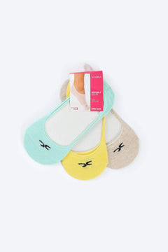 Pack of three invisible cotton socks in pastel green, yellow, and beige, low cut design