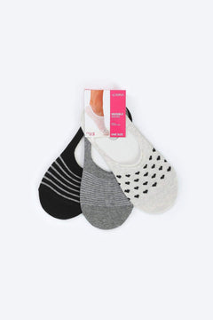 Three pairs of women's invisible socks in black, grey, and white with heart and stripe patterns.