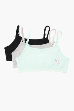 Pack of 3 girls' cotton bralettes in black, grey, and mint green with unicorn print