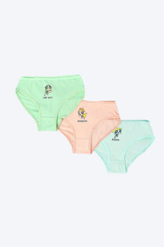 Pack of three girls' cotton briefs in pastel colors with cartoon character prints