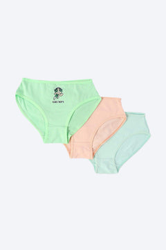 Pack of three girly cotton briefs in pastel green, peach, and blue, with cartoon print on one.