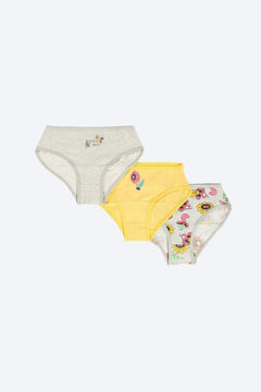 Pack of 3 cotton girls' briefs in gray, yellow, and floral prints, displayed on white background