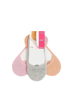 Three pairs of plain invisible socks in pink, grey, and beige, displayed in packaging.