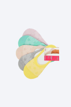 Five pairs of low cut invisible socks in pastel colors with star patterns, arranged fan-like.