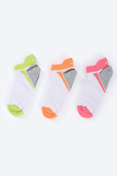 Three pairs of women’s ankle socks in white with green, orange, and pink accents, side by side