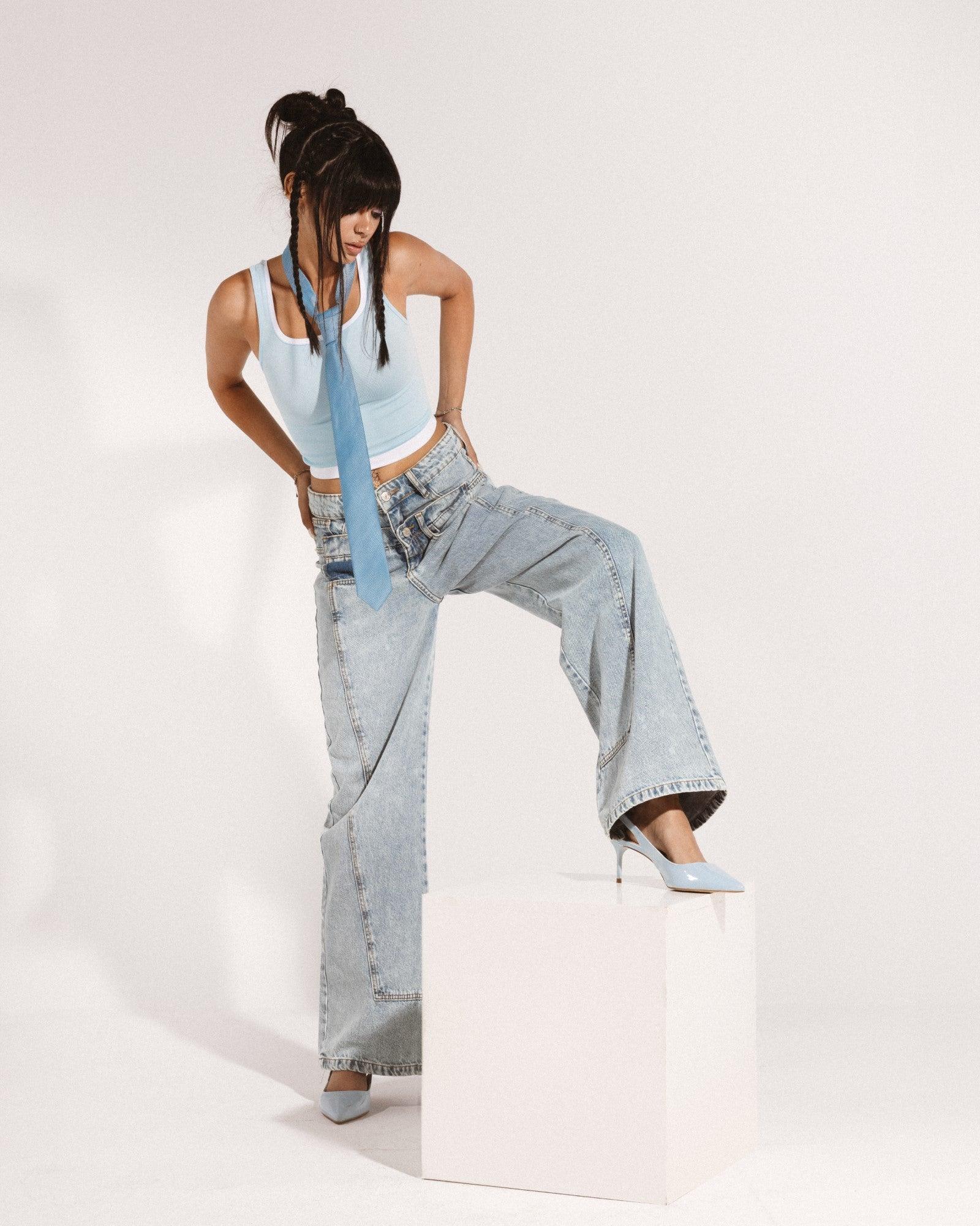 بنطال جينز بخصر مزدوج - Carinasaudi.com